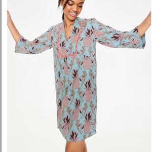 Boden Blue‎ & Orange Evangeline Pineapple Print Pom Poms 100% Linen Tunic NWT 8P